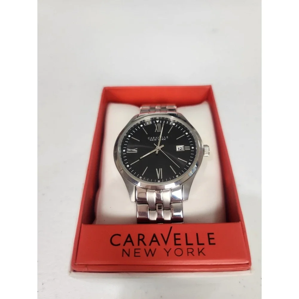 Caravelle Bulova Men's Watch 43B158 Silver Stainless Steel Black Dial NIB NWT